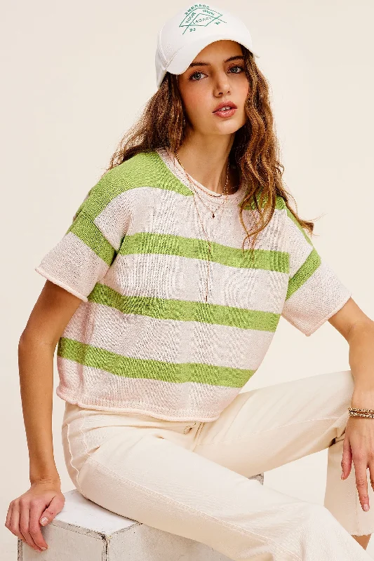 Weekend Deals That Spark Green Lightweight Stripe Sweater Short Sleeve Top