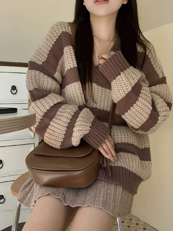 Weekend Savings Spectacle Sixsr Striped V Neck Pullover Sweater, Casual Long Sleeve Drop Shoulder Sweater, Women's Clothing Weekend Savings Spectacle Sixsr Striped V Neck Pullover Sweater, Casual Long Sleeve Drop Shoulder Sweater, Women's Clothing