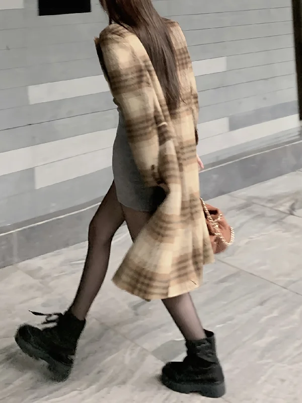 Weekend Deals to Make You Smile Sixsr Plaid Print Double-breasted Coat, Elegant Notched Collar Long Sleeve Knee Length Coat, Women's Clothing Weekend Deals to Make You Smile Sixsr Plaid Print Double-breasted Coat, Elegant Notched Collar Long Sleeve Knee Length Coat, Women's Clothing
