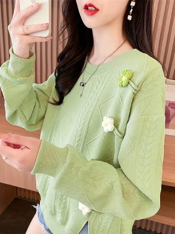 Weekend Offers That Shine Sixsr Floral Decor Crew Neck Textured Sweatshirt, Casual Long Sleeve Sweatshirt For Fall & Winter, Women's Clothing Weekend Offers That Shine Sixsr Floral Decor Crew Neck Textured Sweatshirt, Casual Long Sleeve Sweatshirt For Fall & Winter, Women's Clothing