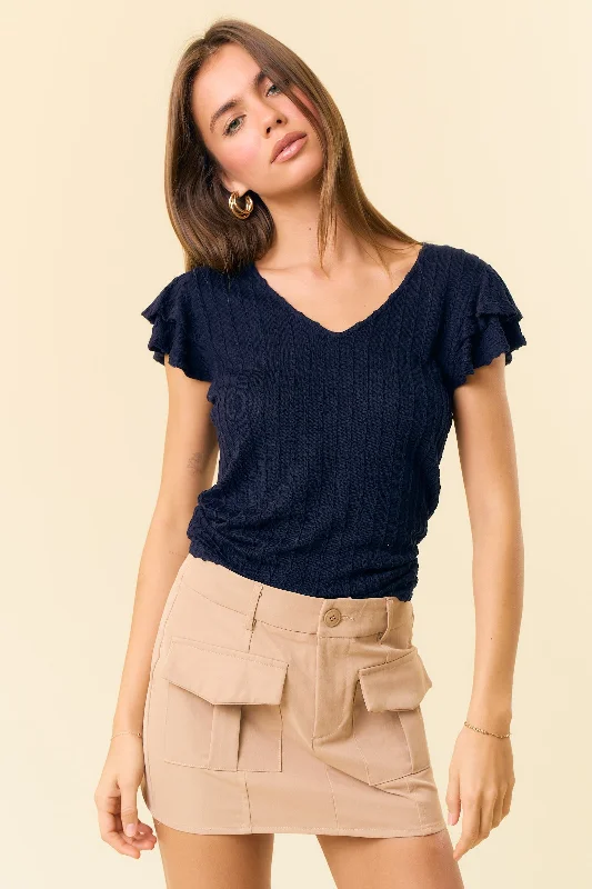 Early Access Navy Blue Cable Knit Layered Ruffle Sleeve Top