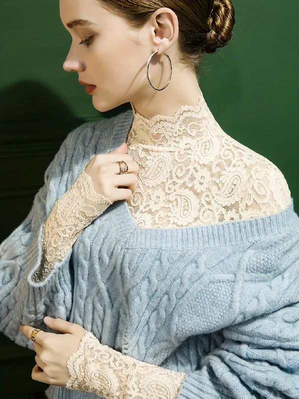 Early Bird Sixsr Solid Lace Mock Neck Top, Elegant Long Sleeve Top For Spring & Fall, Women's Clothing Early Bird Sixsr Solid Lace Mock Neck Top, Elegant Long Sleeve Top For Spring & Fall, Women's Clothing