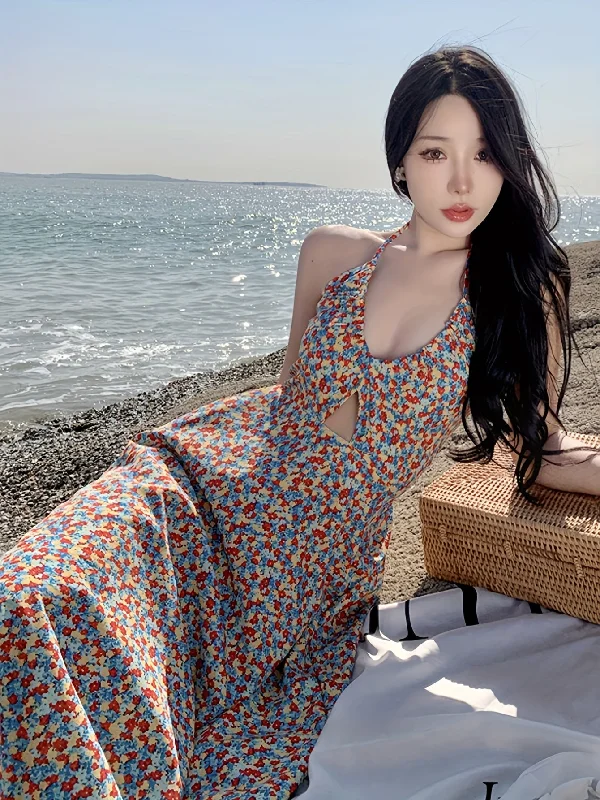 Weekend-Only Price Drops Floral Print Cut Out Front Halter Dress, Vacation Tie Backless Sleeveless Dress, Women's Clothing