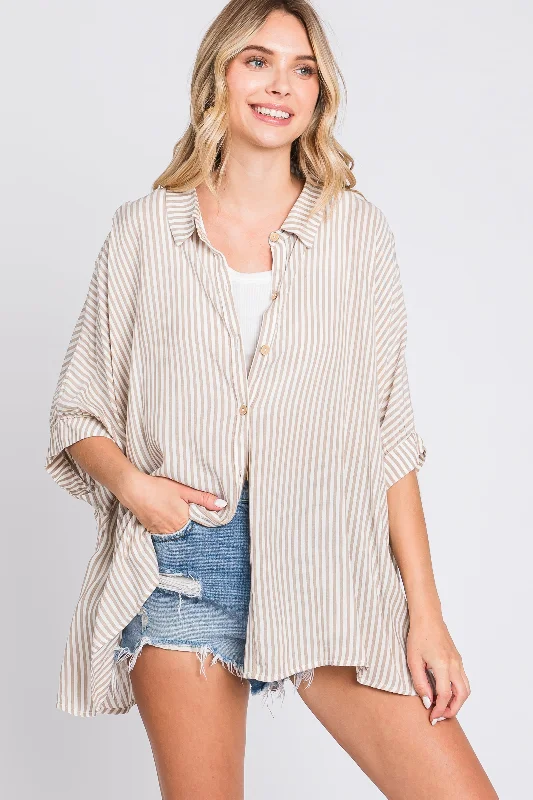 New Deal Taupe Striped Button Up Dolman Top