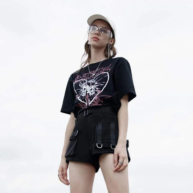 Overstock Sale Women's Grunge Skull Printed Loose Short Sleeved T-shirt