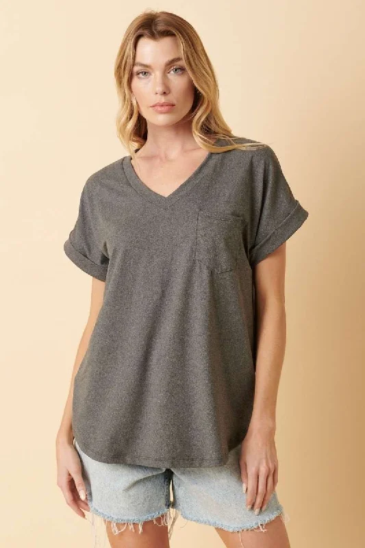 Year-End Deals Charcoal V-Neck Pocket Short Sleeve Shirt