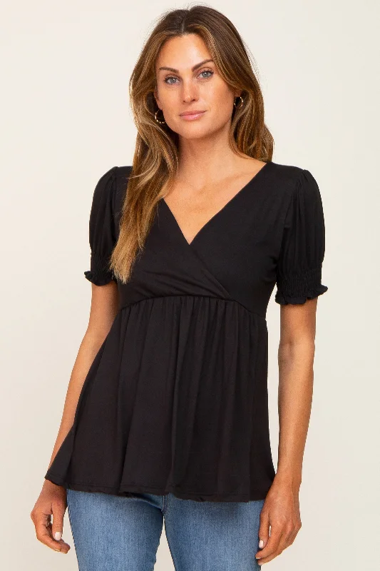 Fantastic Savings Black Puff Sleeve Crossover Nursing Top
