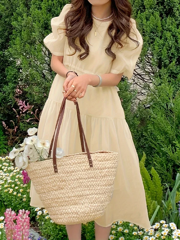 Weekend Offers That Please Sixsr Solid Drawstring Waist Dress, Elegant Puff Sleeve Ruffle Hem Midi Dress, Women's Clothing Weekend Offers That Please Sixsr Solid Drawstring Waist Dress, Elegant Puff Sleeve Ruffle Hem Midi Dress, Women's Clothing