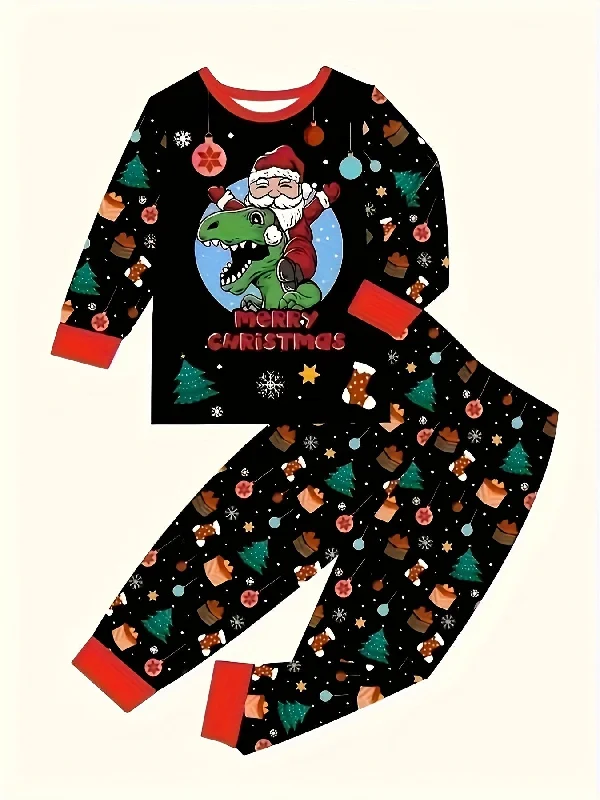 Weekend Savings Sensation Christmas Toddler Boy's Casual Sets Full Christmas Elements Print Round Neck Long Sleeve Top Casual For All Seasons Daily & Outdoor Wear