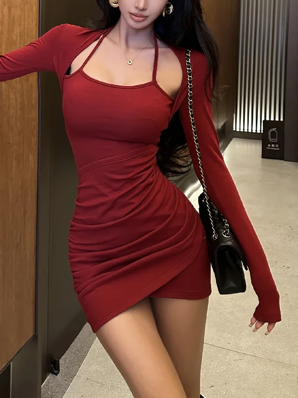 Weekend Deals That Sizzle Sixsr Solid Splicing Ruched Slim Dress, Elegant Long Sleeve Bodycon Dress For Spring & Fall, Women's Clothing Weekend Deals That Sizzle Sixsr Solid Splicing Ruched Slim Dress, Elegant Long Sleeve Bodycon Dress For Spring & Fall, Women's Clothing