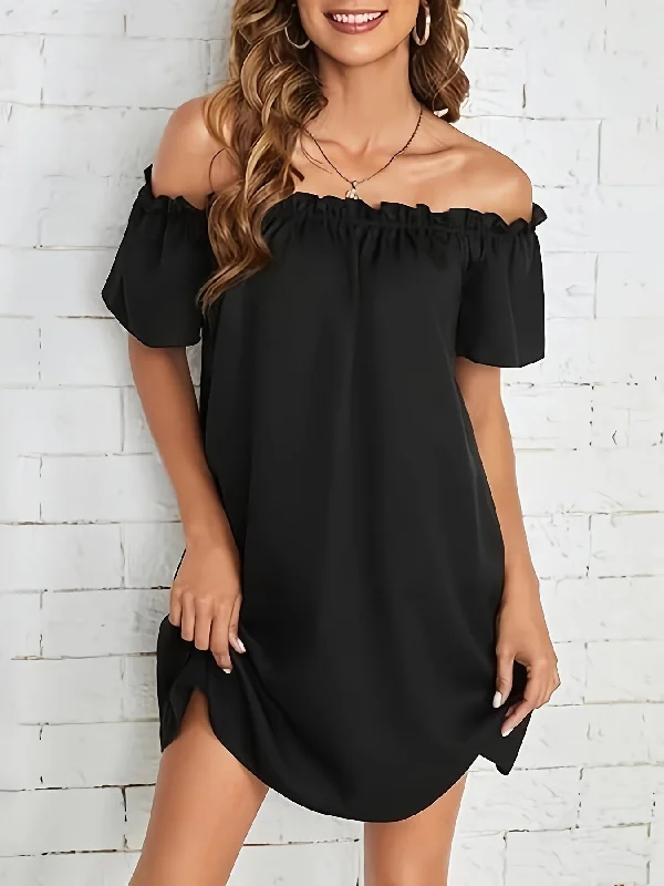 Weekend Savings Sensation Off Shoulder Loose Dress, Casual Short Sleeve Dress For Spring & Summer, Women's Clothing Weekend Savings Sensation Off Shoulder Loose Dress, Casual Short Sleeve Dress For Spring & Summer, Women's Clothing