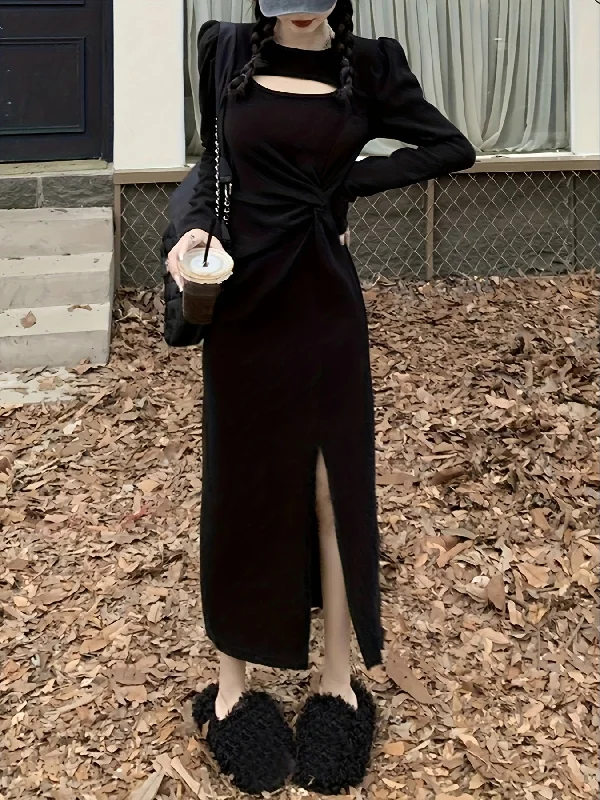 Best Seller Sixsr Cut Out Knot Front Split Hem Dress, Elegant Long Sleeve Slim Solid Dress For Spring & Fall, Women's Clothing Best Seller Sixsr Cut Out Knot Front Split Hem Dress, Elegant Long Sleeve Slim Solid Dress For Spring & Fall, Women's Clothing