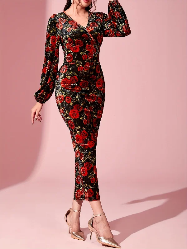 Value Deals Sixsr Floral Print Surplice Neck Dress, Elegant Lantern Sleeve Bodycon Dress, Women's Clothing Value Deals Sixsr Floral Print Surplice Neck Dress, Elegant Lantern Sleeve Bodycon Dress, Women's Clothing