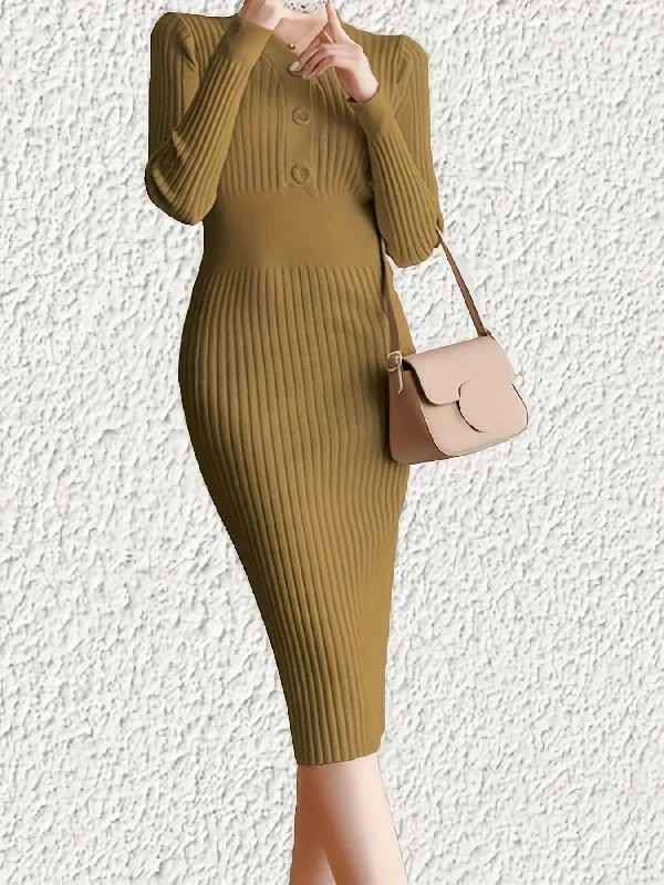 Half Price Sixsr Ribbed Button Front Dress, Casual V Neck Long Sleeve Dres, Women's Clothing