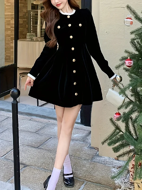 Weekend Special Sixsr Solid Button Front Waist Velvet Dress, Elegant Long Sleeve Frill Trim Dress, Women's Clothing Weekend Special Sixsr Solid Button Front Waist Velvet Dress, Elegant Long Sleeve Frill Trim Dress, Women's Clothing