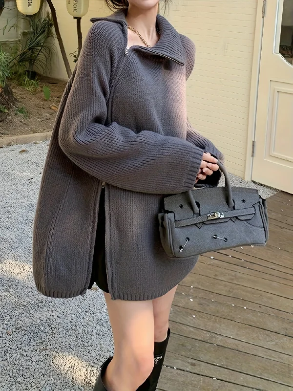 Massive Deal Sixsr Solid Zip Up Oversized Pullover Sweater, Casual Turtle Neck Long Sleeve Sweater, Women's Clothing Massive Deal Sixsr Solid Zip Up Oversized Pullover Sweater, Casual Turtle Neck Long Sleeve Sweater, Women's Clothing