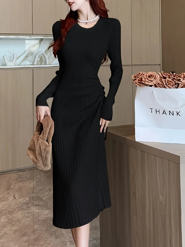 Weekend Deals You Can't Resist Sixsr Ribbed Drawstring Solid Dress, Elegant Crew Neck Long Sleeve Dress, Women's Clothing Weekend Deals You Can't Resist Sixsr Ribbed Drawstring Solid Dress, Elegant Crew Neck Long Sleeve Dress, Women's Clothing