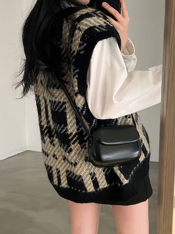Deal Alert Sixsr Plaid Pattern V Neck Knit Vest, Vintage Long Sleeve Loose Sweater Vest, Women's Clothing Deal Alert Sixsr Plaid Pattern V Neck Knit Vest, Vintage Long Sleeve Loose Sweater Vest, Women's Clothing
