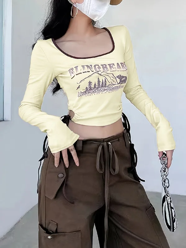 Weekend Bargains to Relish Sixsr Graphic & Letter Print Side Drawstring T-Shirt, Casual Cut Out Color Block Long Sleeve Crop Top, Women's Clothing Weekend Bargains to Relish Sixsr Graphic & Letter Print Side Drawstring T-Shirt, Casual Cut Out Color Block Long Sleeve Crop Top, Women's Clothing