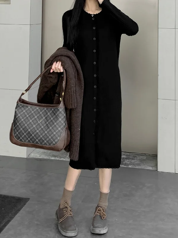 Weekend Wonders Await! Sixsr Button Front Solid Dress, Elegant Long Sleeve Dress For Spring & Fall, Women's Clothing Weekend Wonders Await! Sixsr Button Front Solid Dress, Elegant Long Sleeve Dress For Spring & Fall, Women's Clothing