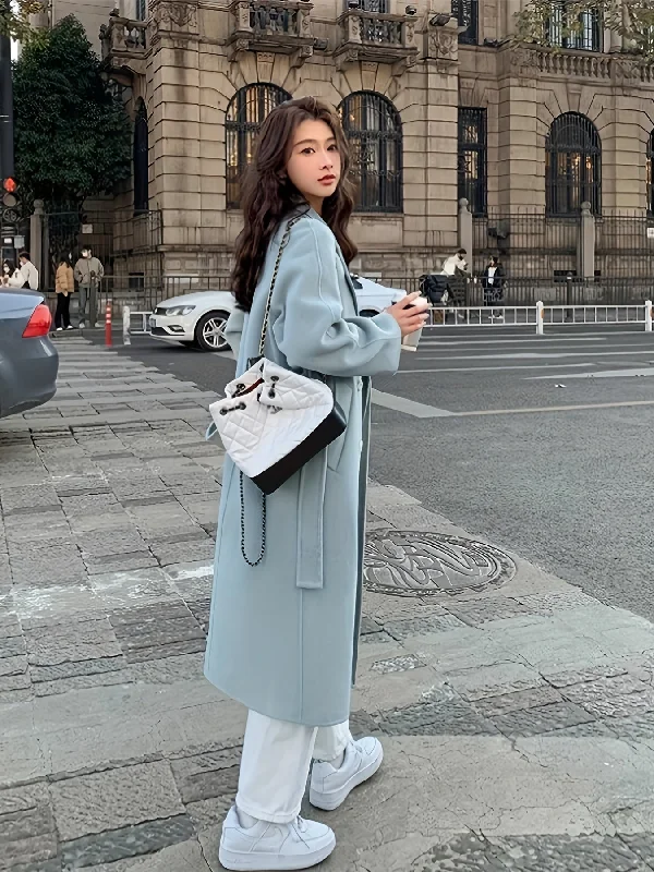 Weekend Bargains to Enjoy Sixsr Solid Double Breasted Lapel Overcoat, Elegant Long Sleeve Belted Winter Outwear, Women's Clothing Weekend Bargains to Enjoy Sixsr Solid Double Breasted Lapel Overcoat, Elegant Long Sleeve Belted Winter Outwear, Women's Clothing