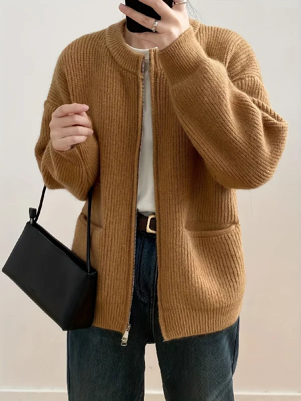 Crazy Deal Sixsr Solid Zip Up Knit Cardigan, Casual Long Sleeve Pocket Sweater For Fall & Winter, Women's Clothing Crazy Deal Sixsr Solid Zip Up Knit Cardigan, Casual Long Sleeve Pocket Sweater For Fall & Winter, Women's Clothing