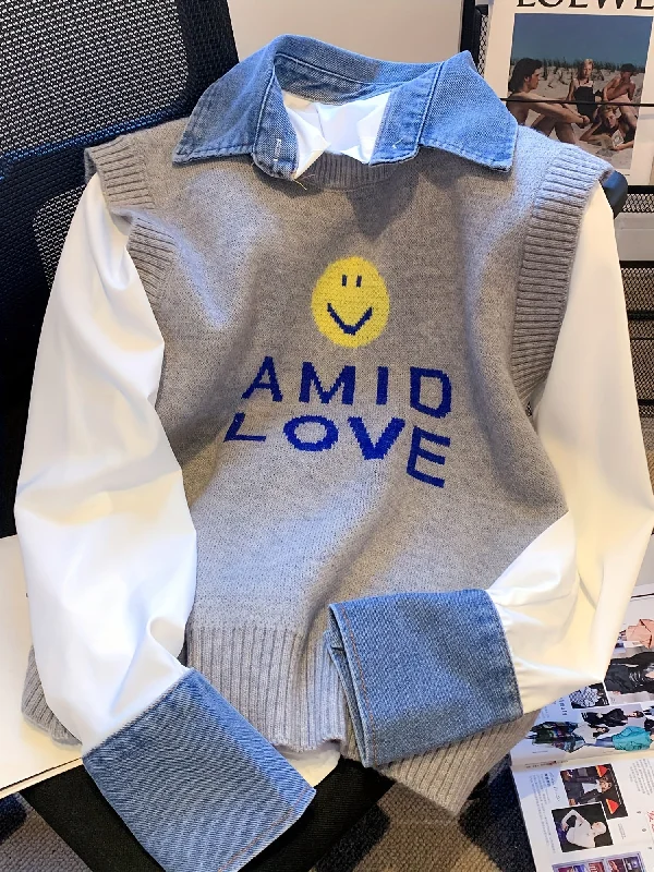 Weekend Deals That Impress Smile Face & Letter Print Sweater Vest, Casual Sleeveless Vest For Fall & Winter, Women's Clothing Weekend Deals That Impress Smile Face & Letter Print Sweater Vest, Casual Sleeveless Vest For Fall & Winter, Women's Clothing