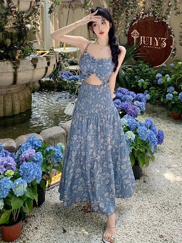Weekend Discounts to Delight Shirred Floral Print Cut Out Dress, Elegant Sleeveless Dress For Spring & Summer, Women's Clothing