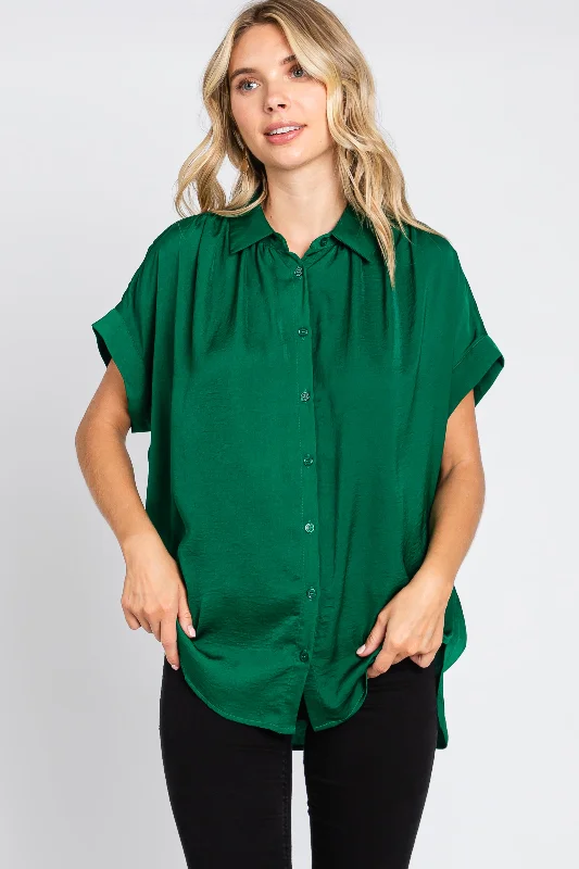 Weekend Deal Forest Green Satin Button Front Collared Short Sleeve Top