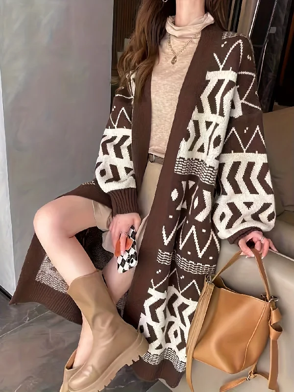 Weekend Specials to Celebrate Sixsr Geo Pattern Open Front Knit Cardigan, Vintage Long Sleeve Mid Length Loose Sweater, Women's Clothing Weekend Specials to Celebrate Sixsr Geo Pattern Open Front Knit Cardigan, Vintage Long Sleeve Mid Length Loose Sweater, Women's Clothing