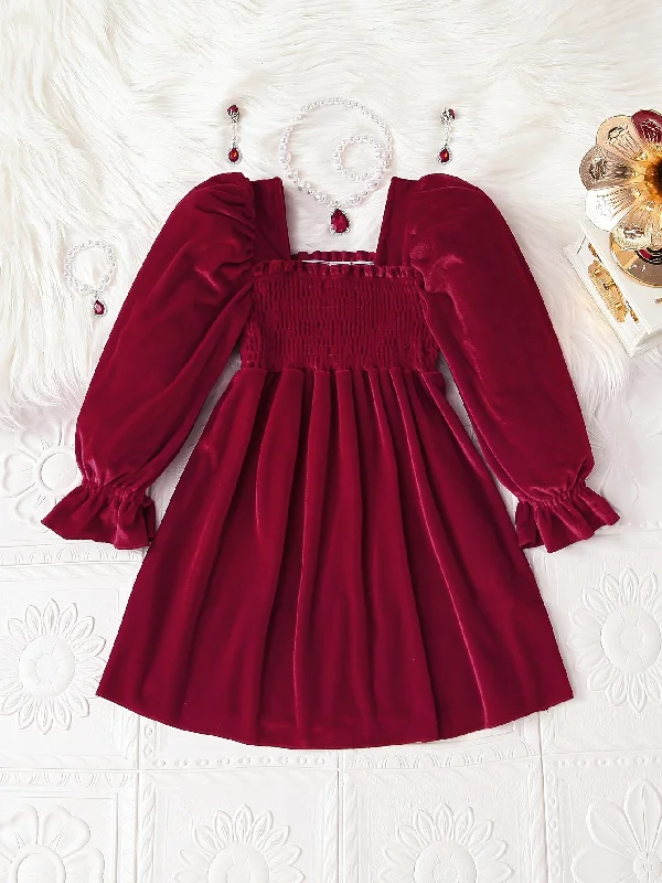 Clearance Sale Toddler Girls Solid Square Neck Long Sleeve Dress For Spring Fall Winter Christmas Birthday Gift