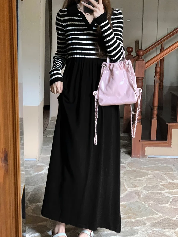 Best Seller Contrast Stripe Notch Neck Knitted Dress, Casual Long Sleeve Sweater Dress, Women's Clothing Best Seller Contrast Stripe Notch Neck Knitted Dress, Casual Long Sleeve Sweater Dress, Women's Clothing