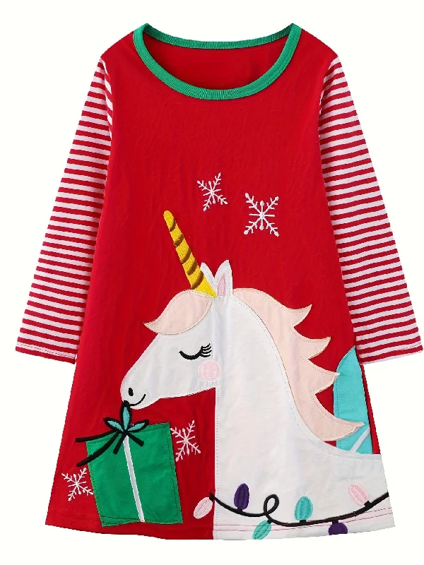 Crazy Deal Magical Unicorn Embroidered Long Sleeve Cotton Dress for Toddler Kids - Soft, Breathable, and Adorable Design for 2-8 Years Old - Perfect for Christmas, Fall, and Winter Occasions