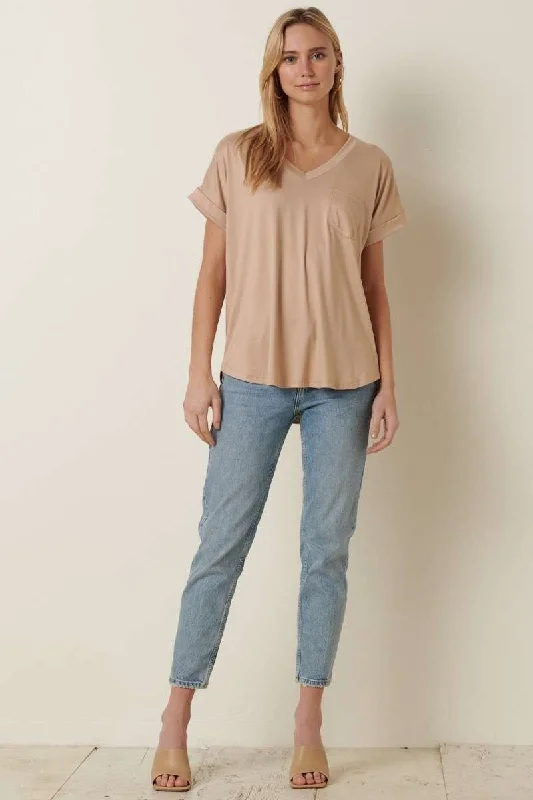 Best Seller Beige V-Neck Pocket Short Sleeve Shirt