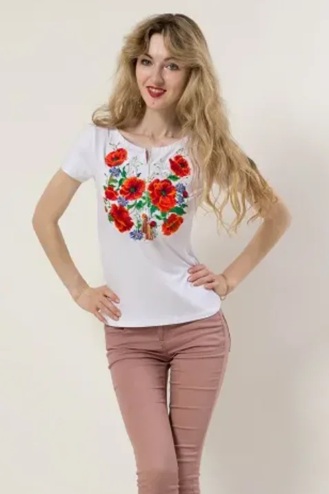 Value Pack Women's short sleeve shirt with real embroidery "Blossomy". White