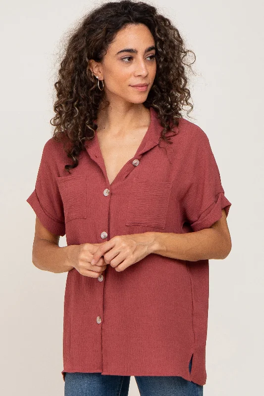 Deal of the Day Burgundy Collared Button-Down Short Sleeve Blouse