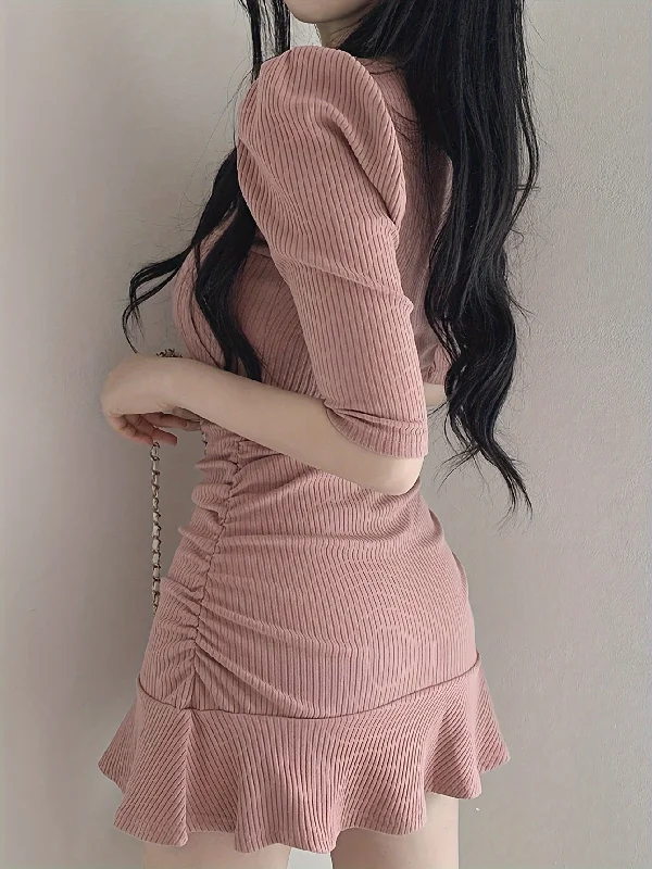 Weekend Deals That Wow Sixsr Solid Ruffle Hem Bodycon Dress, Casual Puff Half Sleeve Square Neck Dress, Women's Clothing Weekend Deals That Wow Sixsr Solid Ruffle Hem Bodycon Dress, Casual Puff Half Sleeve Square Neck Dress, Women's Clothing