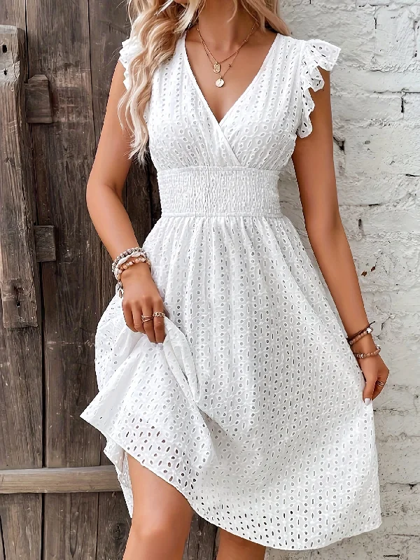 Steals and Deals Sixsr Shirred Waist Surplice Neck Dress, Elegant Ruffle Sleeve Dress For Spring & Summer, Women's Clothing Steals and Deals Sixsr Shirred Waist Surplice Neck Dress, Elegant Ruffle Sleeve Dress For Spring & Summer, Women's Clothing