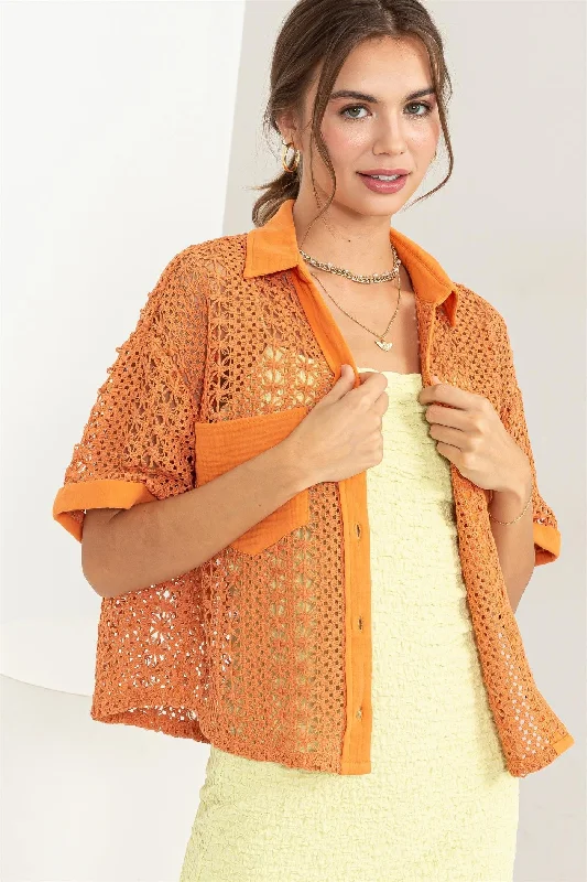 Discount Mania Orange Crochet Button-Front Top