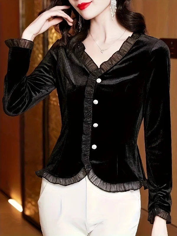 Super Sale Sixsr Velvet Lace Contrast Trim Top, Button Front V Neck Long Sleeve T-shirt, Women's Clothing Super Sale Sixsr Velvet Lace Contrast Trim Top, Button Front V Neck Long Sleeve T-shirt, Women's Clothing