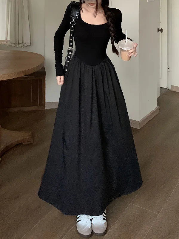 Buy Today Sixsr Solid Long Sleeve Panel Dress, Chic Square Neck A-line Dress, Women's Clothing Buy Today Sixsr Solid Long Sleeve Panel Dress, Chic Square Neck A-line Dress, Women's Clothing