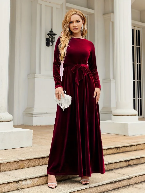 Super Sale Sixsr Solid Belted Ankle Dress, Elegant Boat Neck Long Sleeve Dress, Women's Clothing Super Sale Sixsr Solid Belted Ankle Dress, Elegant Boat Neck Long Sleeve Dress, Women's Clothing