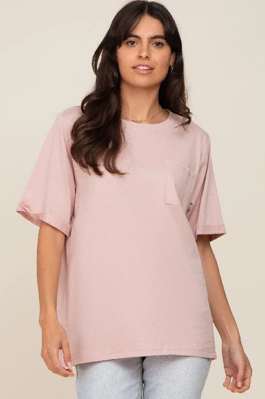 Weekend Discounts to Snag Light Pink Oversized Pocket Front Short Sleeve Top