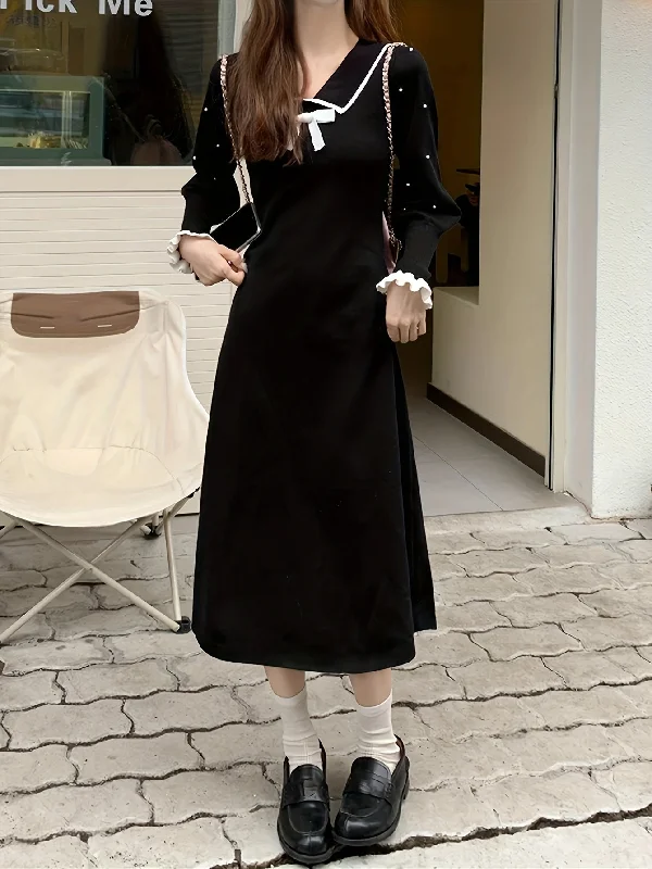 Weekend Special Sixsr Bow Decor Collared Beaded Dress, Chic Long Sleeve A-line Midi Dress, Women's Clothing Weekend Special Sixsr Bow Decor Collared Beaded Dress, Chic Long Sleeve A-line Midi Dress, Women's Clothing