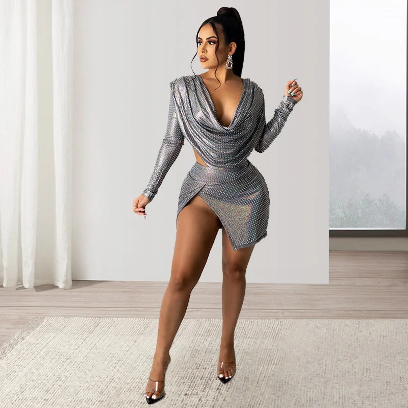 Low Price SIXSR 2025 New women's clothing deep V-fold Epoxy fashion suit Popular trade split long-sleeved Spice Girl suit skirt women wholesale