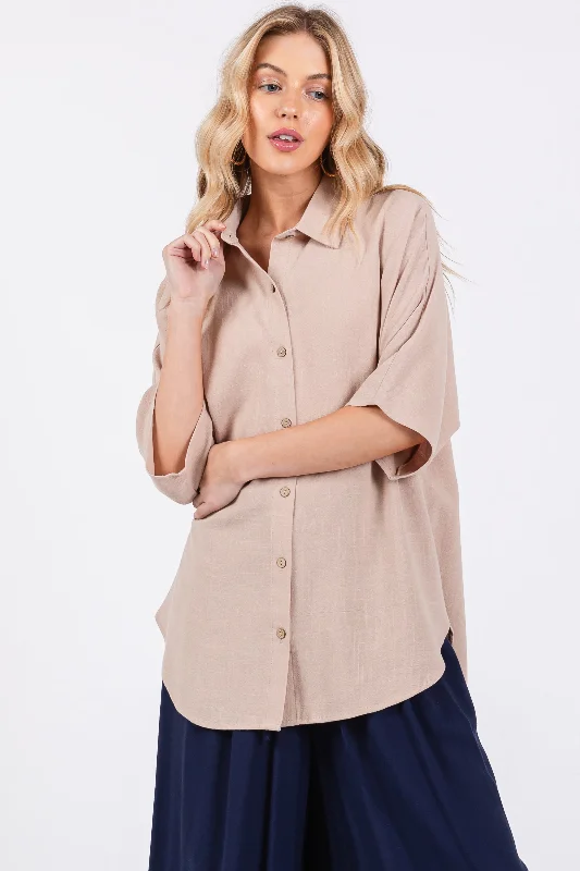 Stock Up Beige Linen Dolman Half Sleeve Button Down Top