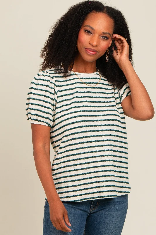 Weekend Shopping Bliss Emerald Green Striped Textured Puff Sleeve Top