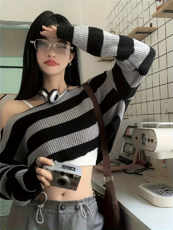 Overstock Sale Sixsr Striped Off Shoulder Knitted Top, Casual Long Sleeve Crop Sweater For Spring & Fall, Women's Clothing Overstock Sale Sixsr Striped Off Shoulder Knitted Top, Casual Long Sleeve Crop Sweater For Spring & Fall, Women's Clothing