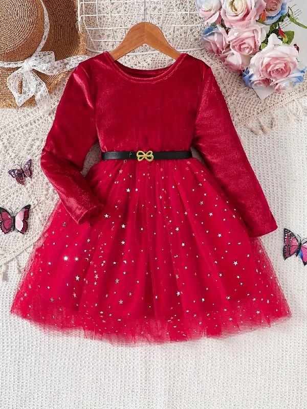 Price Drop Velvet Princess Dress - Soft, Long Sleeve, A-Line, Festive Red - Perfect for Winter & Fall Parties, Christmas Birthday Gifts for Girls