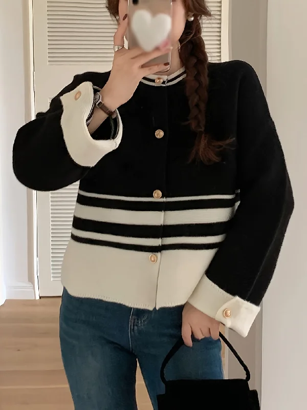 Year-End Clearance Sixsr Striped Pattern Single Breasted Cardigan, Vintage Long Sleeve Knit Outwear For Fall & Winter, Women's Clothing Year-End Clearance Sixsr Striped Pattern Single Breasted Cardigan, Vintage Long Sleeve Knit Outwear For Fall & Winter, Women's Clothing